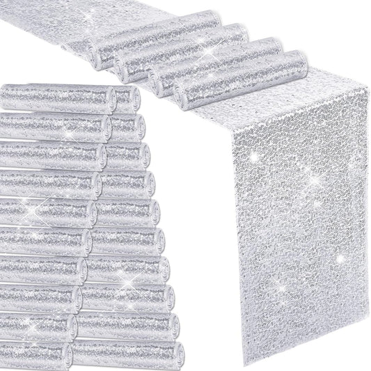 24 Sequin Table Runners, Bulk Sequin Tablecloths Table Decorations for Parties, Rectangular Table Covers for Birthday Wedding Engagement Supplies Holiday Celebrations, 12 x 108 Inch (Silver)