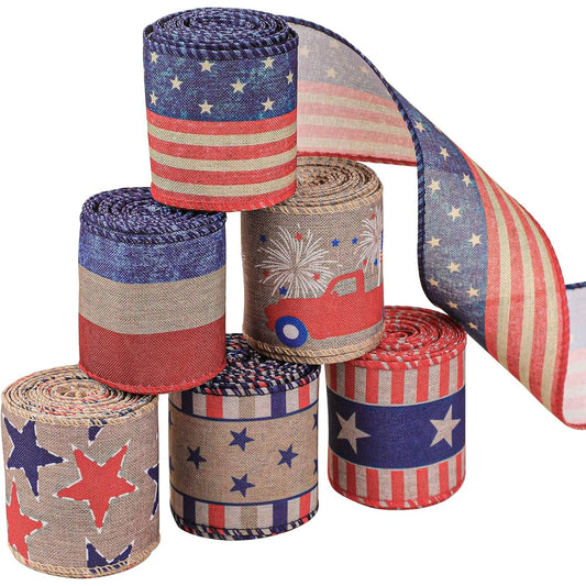6 Rolls Patriotic Wire Edge Ribbon 2.5 Inch Vintage 4th of July Burlap Ribbon USA Flag Stars Truck Stripes Decorative Ribbon for Memorial Day Independence Day Veterans Day Farmhouse Decor 30 Yards