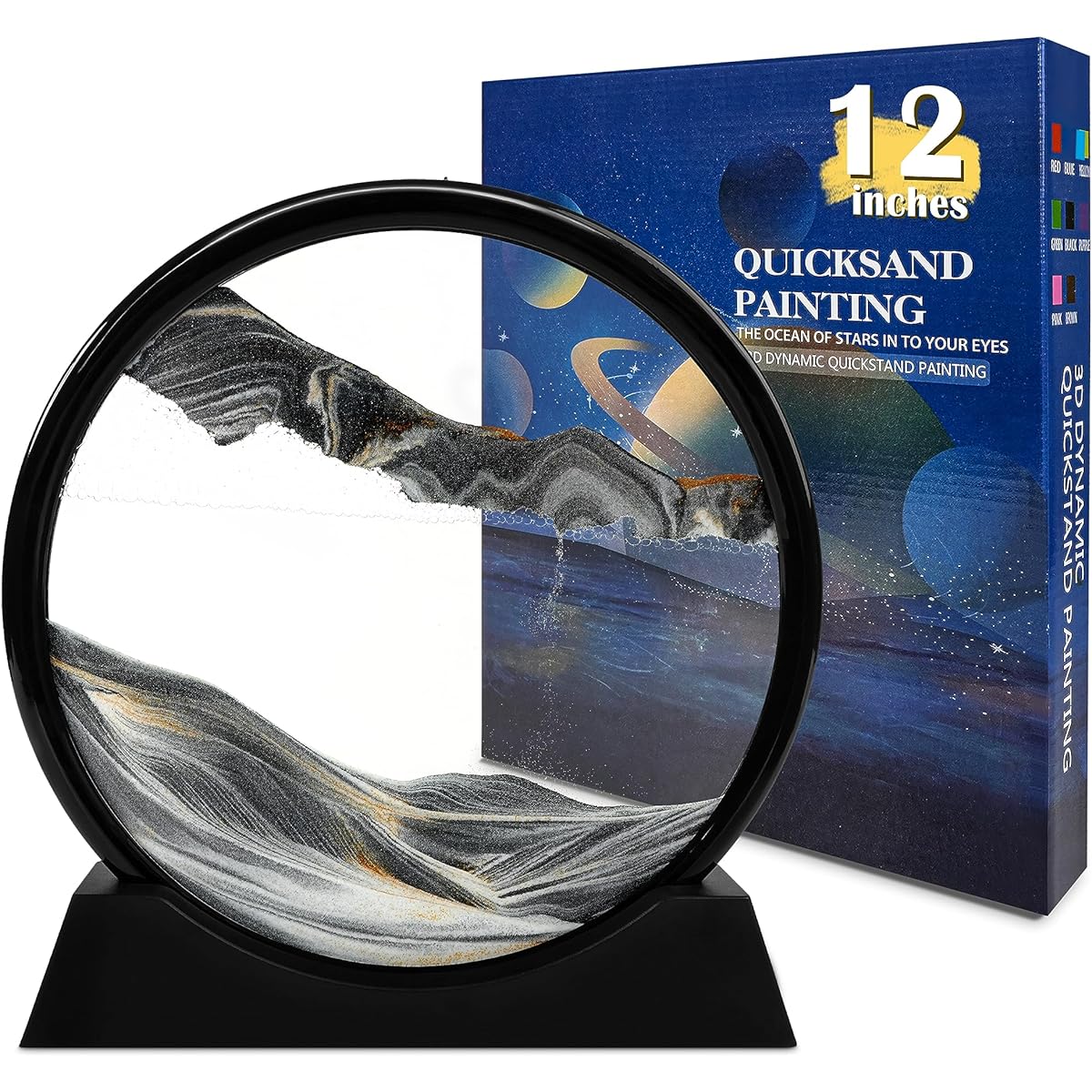 MoHern Moving Sand Art Picture Round Glass 3D Deep Sea Sand Landscape Motion Display Flowing Sand Frame Relaxing Desktop Home Office Work Decor (12 Inch, Black)