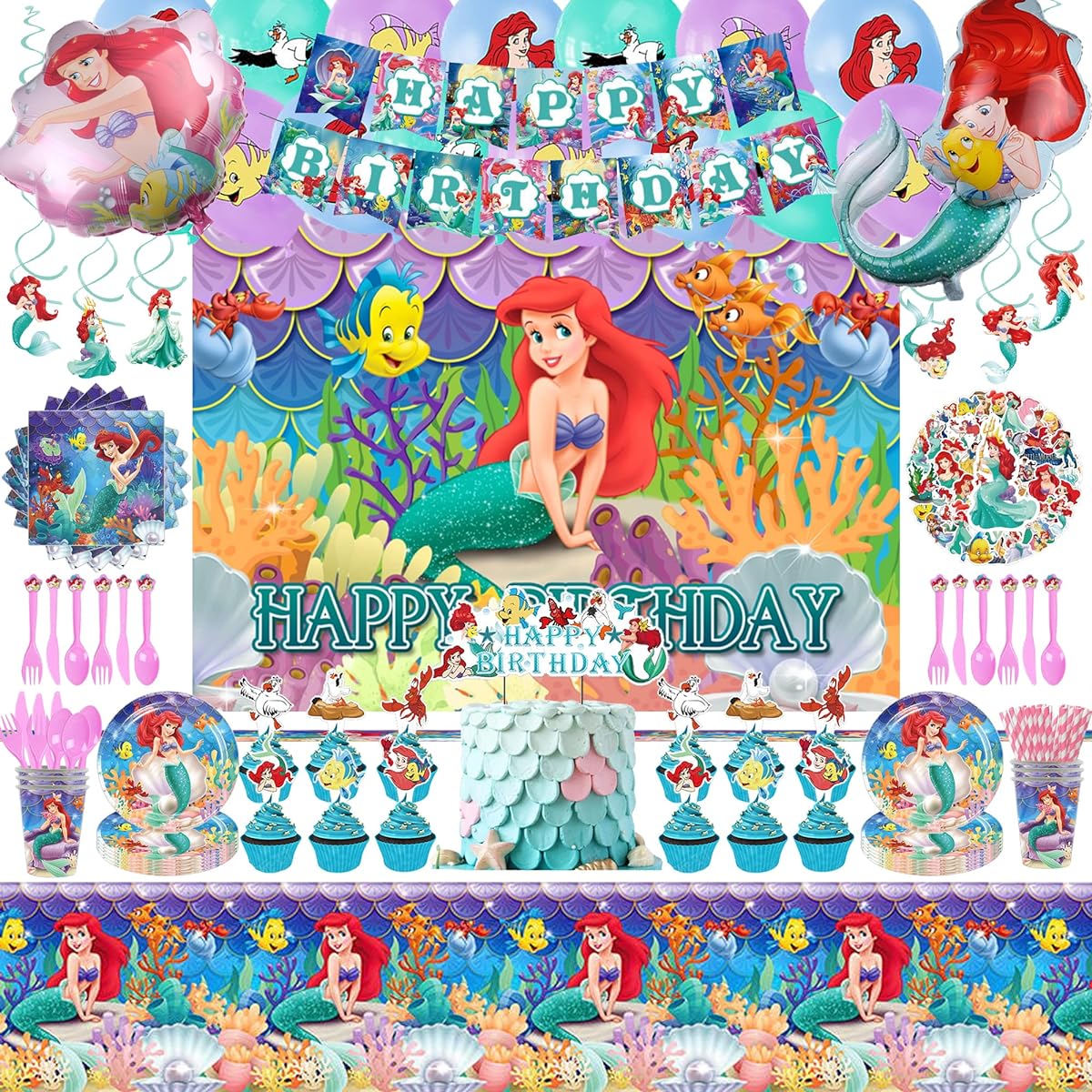 Mermaid Party Decorations Mermaid Birthday Party Supplies Party Set for Girls Birthday Banner Backdrop Swirls Tableware Balloons Stickers Cups Nakpin Tablecloth