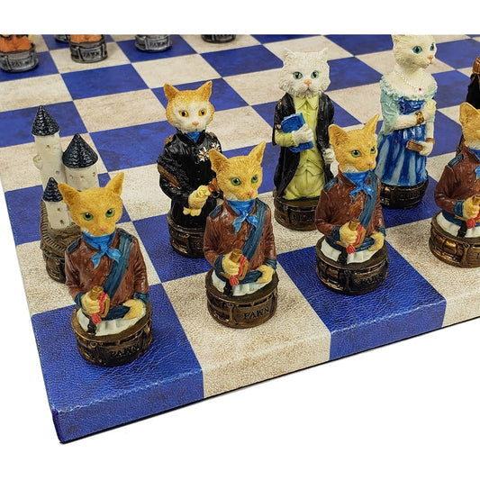 Royal Cats Vs Dog Animal Chess Set, 14" Blue & Cream Faux Leather Board