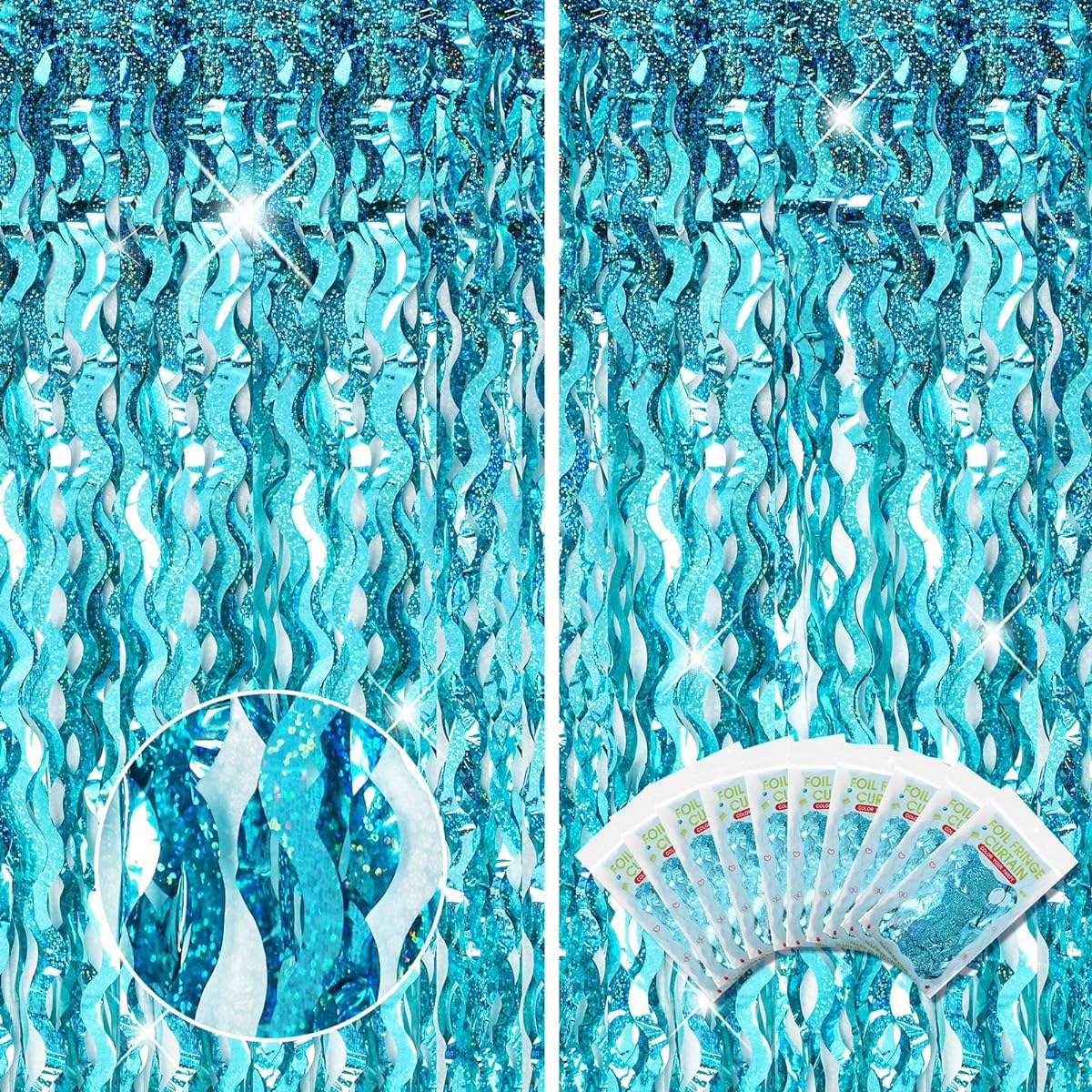 Newwiee 10 Pieces Wavy Tinsel Foil Fringe Curtains 3.3ft x 6.6ft Metallic Foil Fringe Backdrop Streamer Tinsel Backdrop Ocean Sea Theme Birthday Bachelorette Party Photo Props Decor (Blue Green)