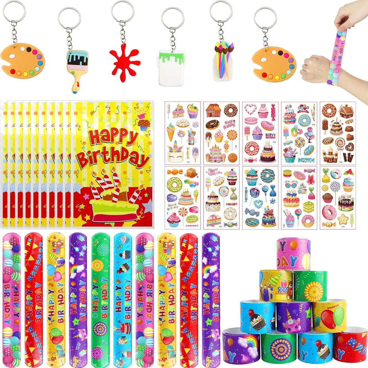 Beamely Happy Birthday Party Bag Fillers for Kids Boys Girls, 40Pcs Birthday Assorted Toys Pinata Filler with Slap Bands Stickers Keychains Gift Bags Lucky Dip Prize Party Favours for Birthday Gift