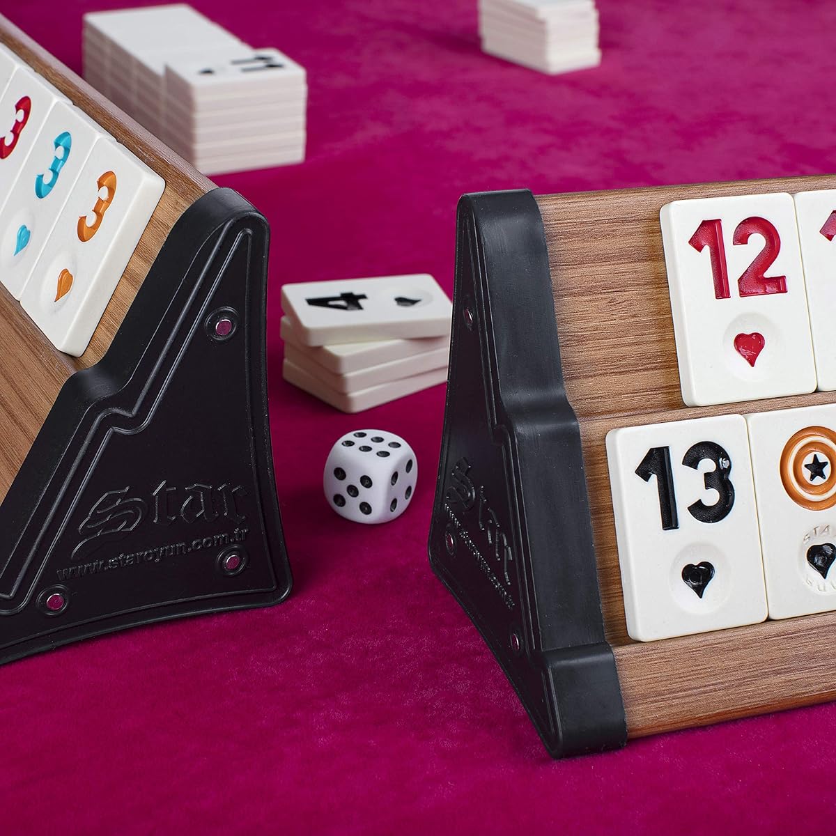 LaModaHome Star VIP Glossy Light Wooden Rummy/Oakie/101 Game Set with Tile Bin and Dice for Adults, Great for Game Nights/Team Games/Gatherings, Outdoor and Indoor Use