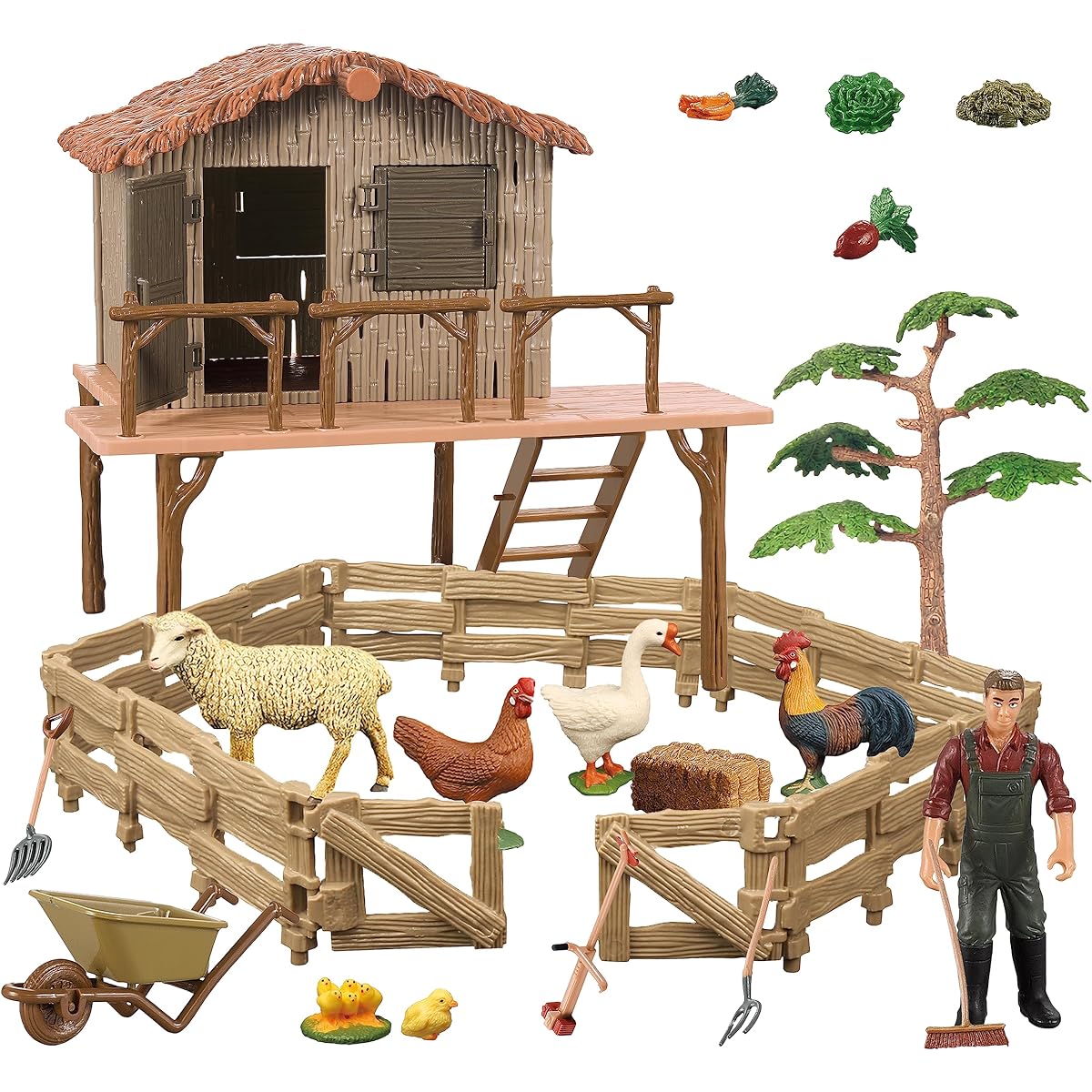 Peagprav Farm Toy Playset Animal Figures Chicken Figurines DIY Coop Model Rabbit Hutch Bunny Toy Set Action Figure Fence Birthday Party Gifts for Kids Ages 3-8