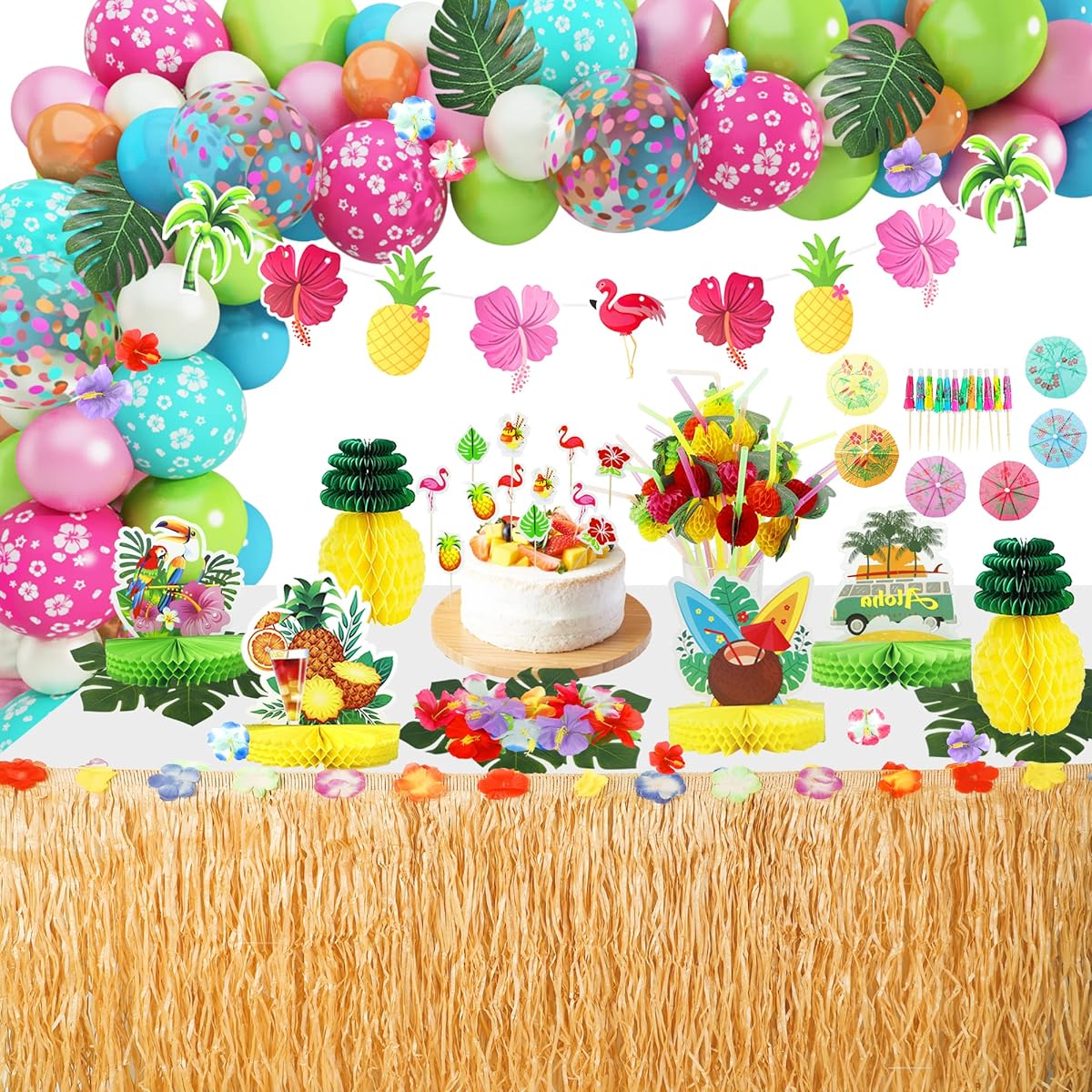 Hawaiian Luau Party Decorations 126pcs Tropical Aloha Summer Beach Birthday Supplies Balloons Garland Grass Table Skirt Honeycomb Centerpieces Flamingo Pineapple Hibiscus Palm Banner Straws Cake Topper