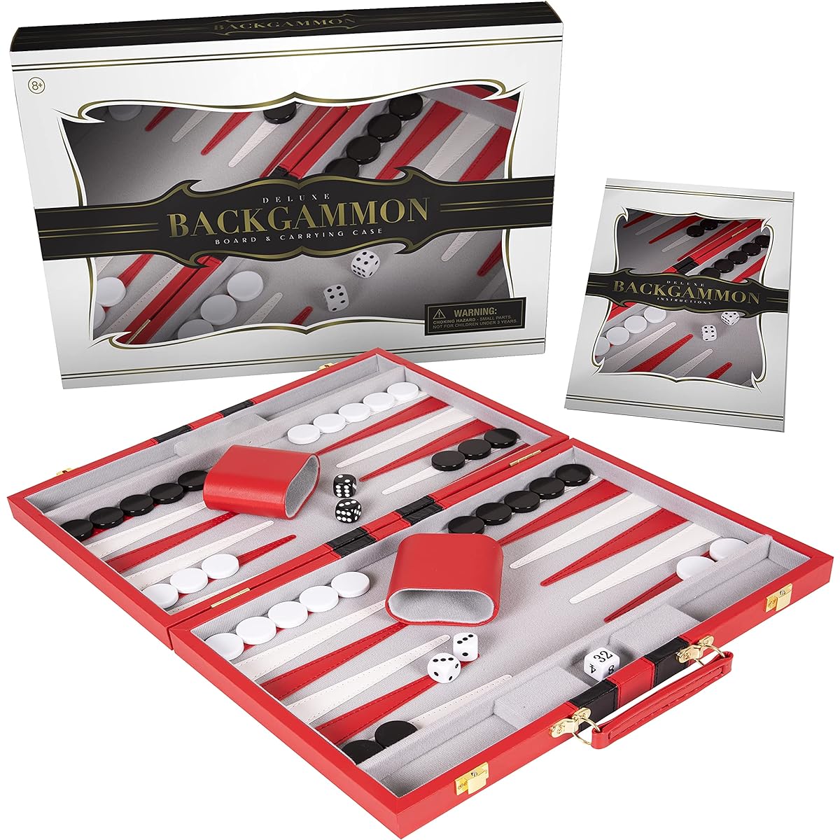 Crazy Games Backgammon Set - 18" Classic Board Game for Adults and Kids with Premium Leather Case and Strategy & Hints Guide (Red, Large)
