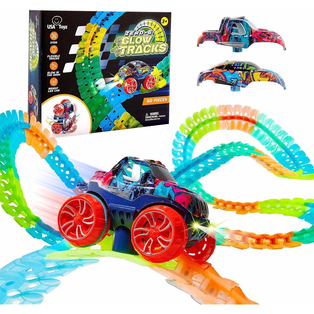 USA Toyz Zero-G Glow Race Track for Kids - Glow in the Dark Flexible Race Car Track Set with Suction Cups, Slot Cars, 2 Graffiti Toy Car Shells, STEM Toys, LED Car Track for Boys and Girls, Ages 3+