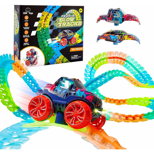 USA Toyz Zero-G Glow Race Track for Kids - Glow in the Dark Flexible Race Car Track Set with Suction Cups, Slot Cars, 2 Graffiti Toy Car Shells, STEM Toys, LED Car Track for Boys and Girls, Ages 3+