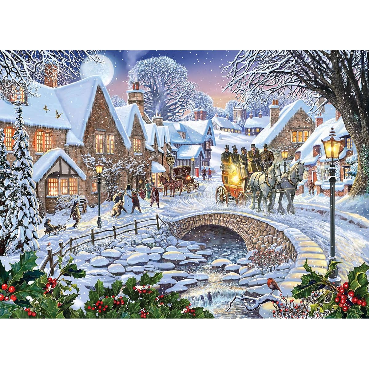 Bits and Pieces Jigsaw Puzzle 500 Pieces for Adults 18" x 24" Winter Village Stream 500 Piece Holiday Seasonal Snowy Town Square Cobblestone Bridge Artist Steve Crisp