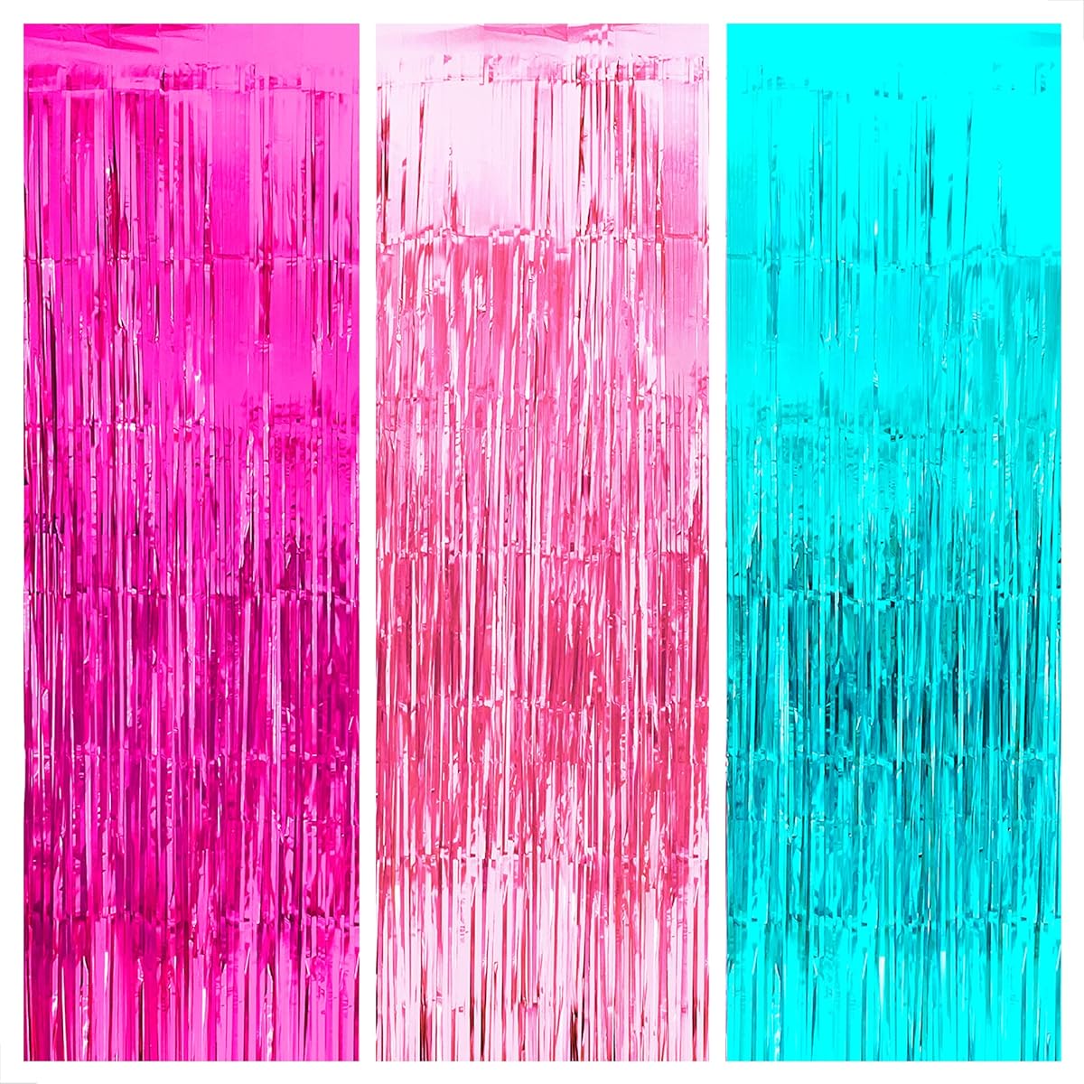 KatchOn Hot Pink and Blue Fringe Curtains - XL 3.2x8ft Set of 3 | Unicorn Party Decorations Mermaid Backdrop for Girl's Birthday | Mermaid Party Decorations | Aquamarine Foil Curtains