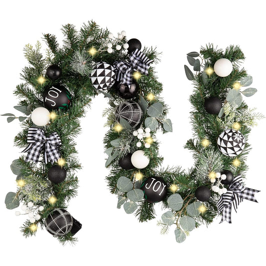Valery Madelyn 6ft Lighted Garland Monochrome Winter Black and White Christmas Decoration with 20 LED Lights and Ball Ornament for Entrance Mantle Window Party Decoration