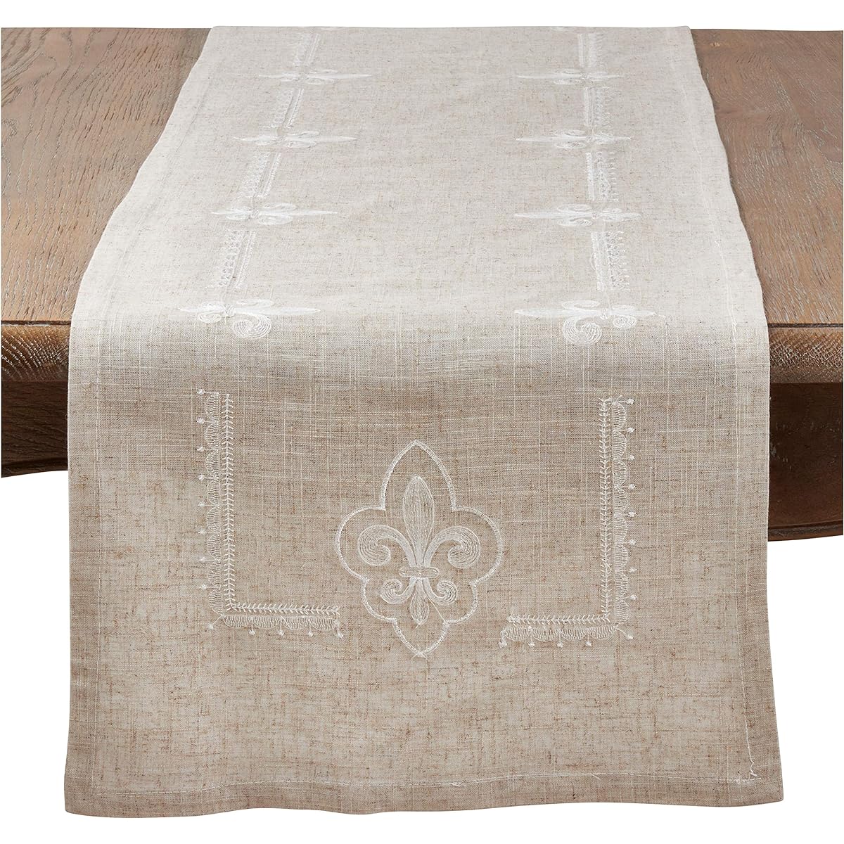 Occasion Gallery Natural Embroidered Fleur de Lis Table Runner Rectangle 16" x 72" 90% Polyester - 10% Linen (1 Piece)
