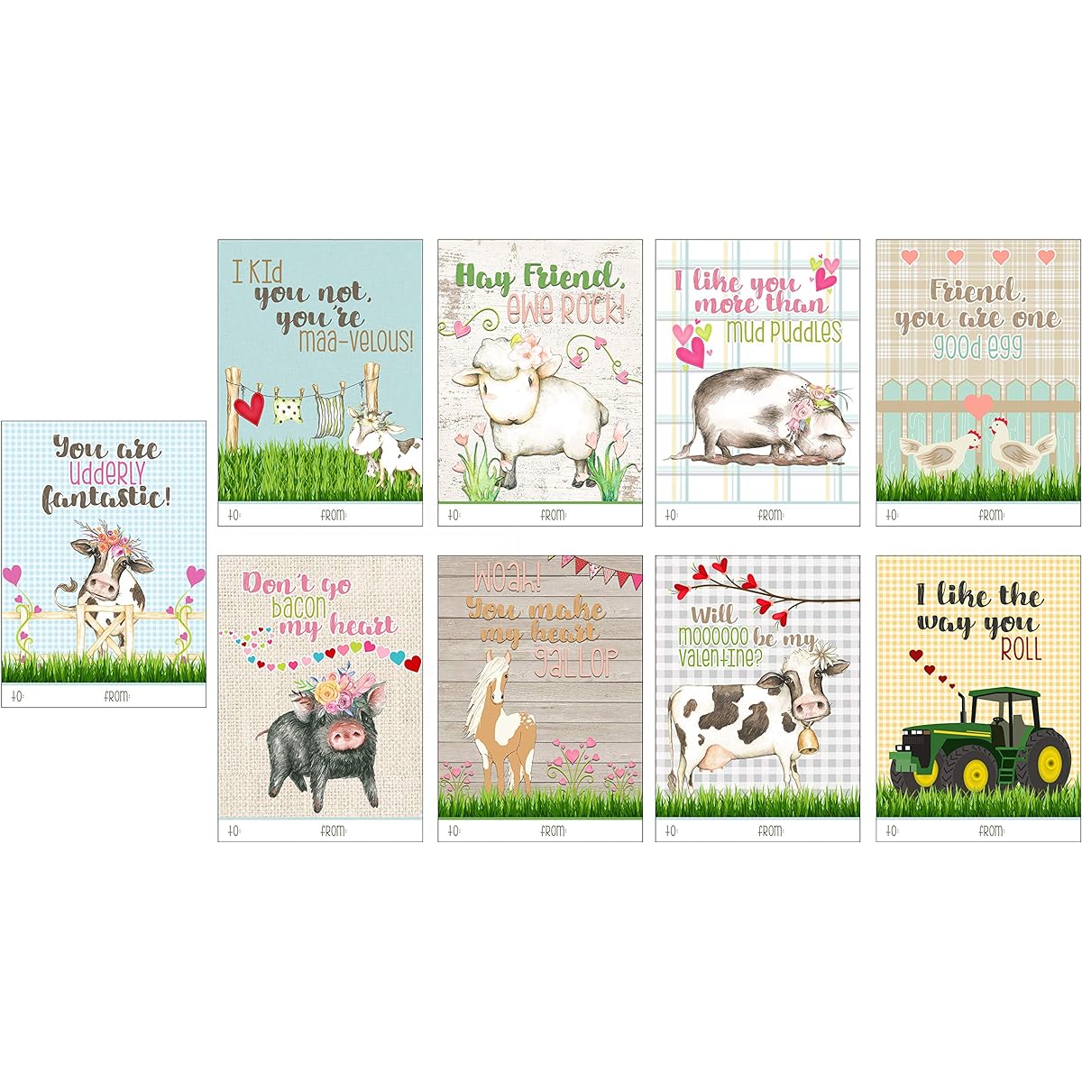Country Farm Animal Theme Valentine's Day Card Set 27-Piece Set Valentine's