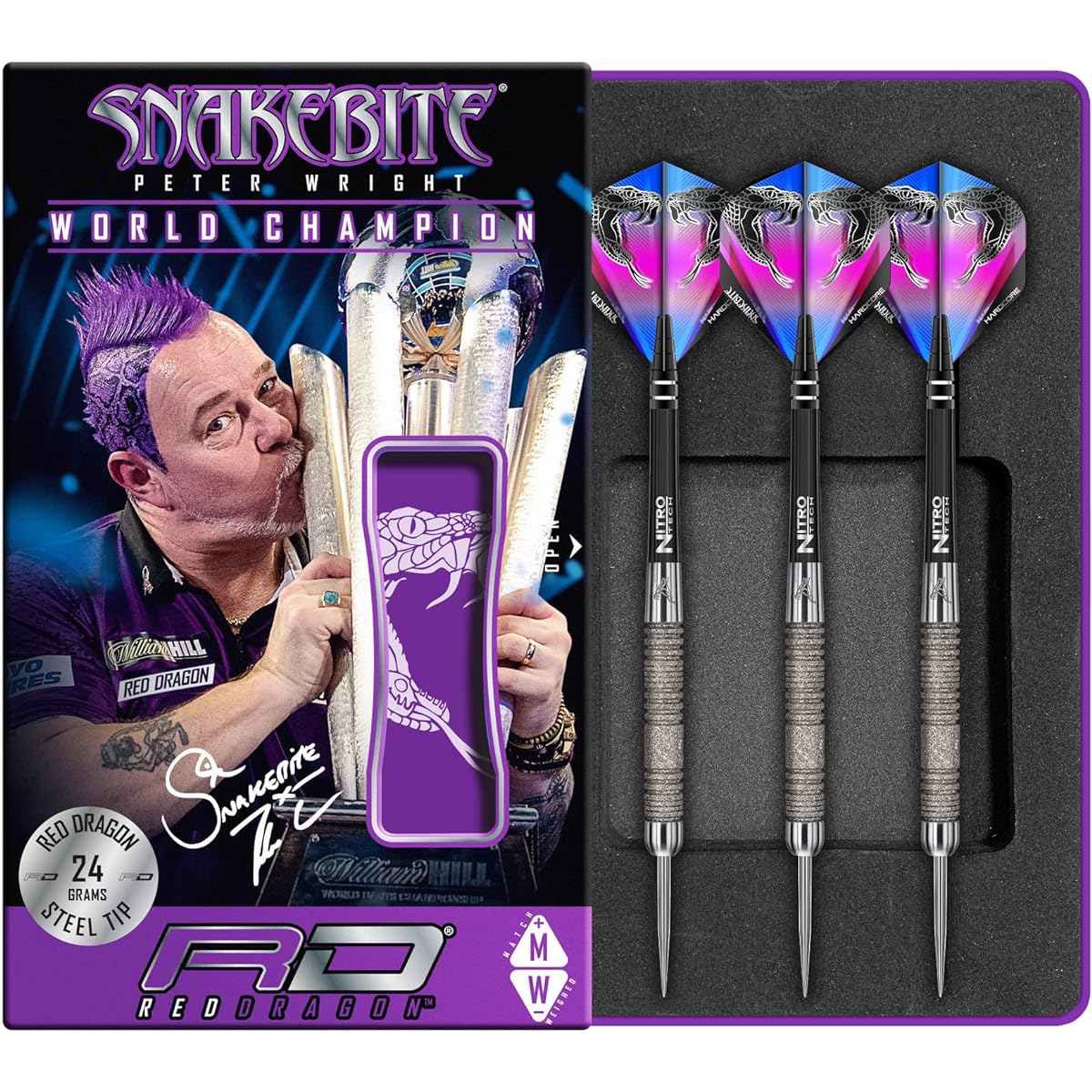 Red Dragon Peter Wright Snakebite 11 Element - 24 Grams - Premium Tungsten Steel Dart Flights with Hardcore, Black Crossfire Carbon Fiber Shafts, RD Tri Fold Wallet & Red Dragon Checkout Card