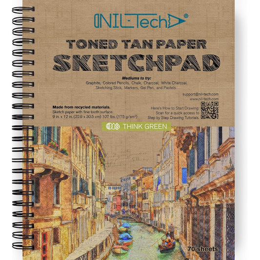 70 Sheets Premium Tone Tan Sketchbook 9x12 Inch (105lb/175GSM) Spiral Bound Paper Pad for Gel Pens, Markers, Colored Pencils, Chalk, Oil Pastels, Charcoal Pencils, Graphite