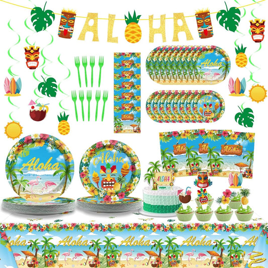 143 Piece Hawaiian Aloha Party Decorations Luau Tropical Party Tableware Set with Aloha Tableware for 24 Guests Plates Napkins Banner Toppers Swirls Cards Beach Theme Birthday Party Favors