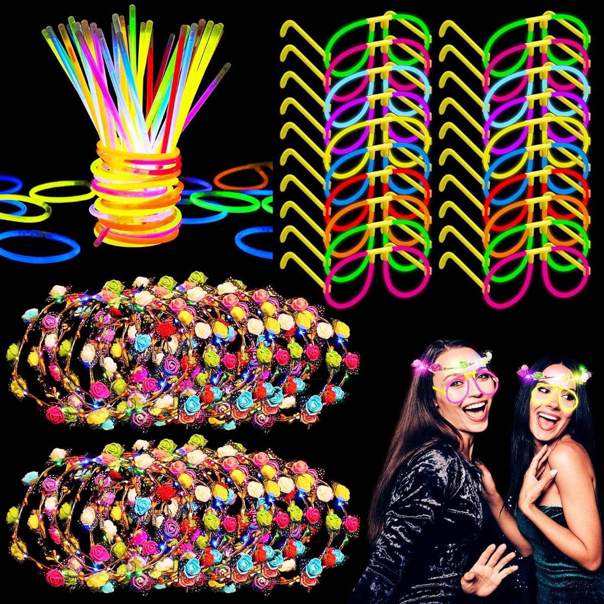 Talltalk 140pcs Glow in the Dark Party Supplies for Kids Adults Birthday Wedding Carnival 4th of July Party Favors 100pcs Glow Sticks 20pcs Neon LED Party Favors 20pcs LED Flower Crown Headpiece