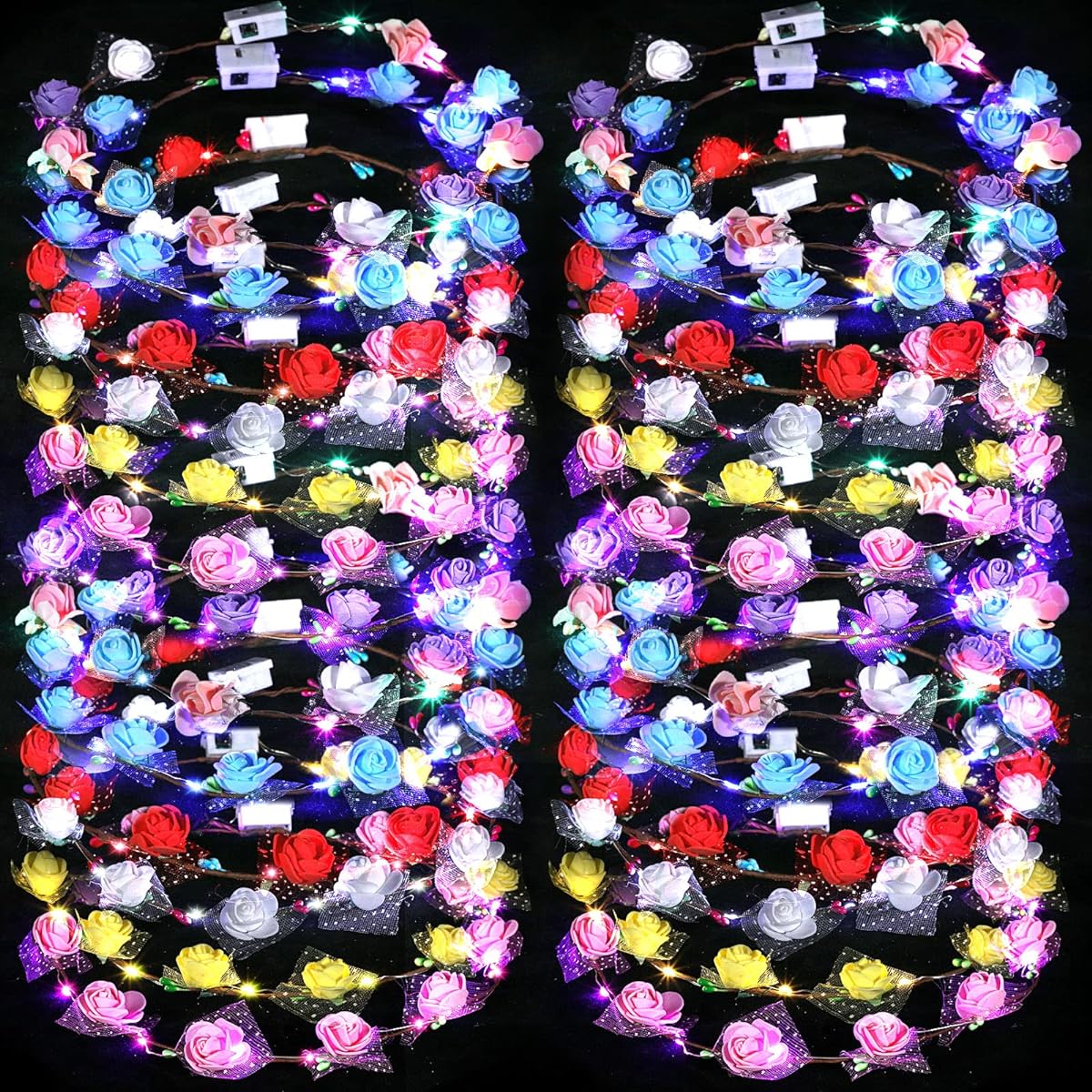 35pcs LED Flower Crowns Light Up Flower Crowns Bulk Headbands Headpieces Rose Hair Accessories for Women Girls Kids Bride Birthday Wedding Mardi Gras Beach Party Favors Photo Props 7 Colors
