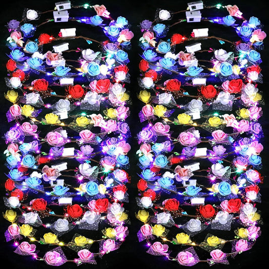 35pcs LED Flower Crowns Light Up Flower Crowns Bulk Headbands Headpieces Rose Hair Accessories for Women Girls Kids Bride Birthday Wedding Mardi Gras Beach Party Favors Photo Props 7 Colors