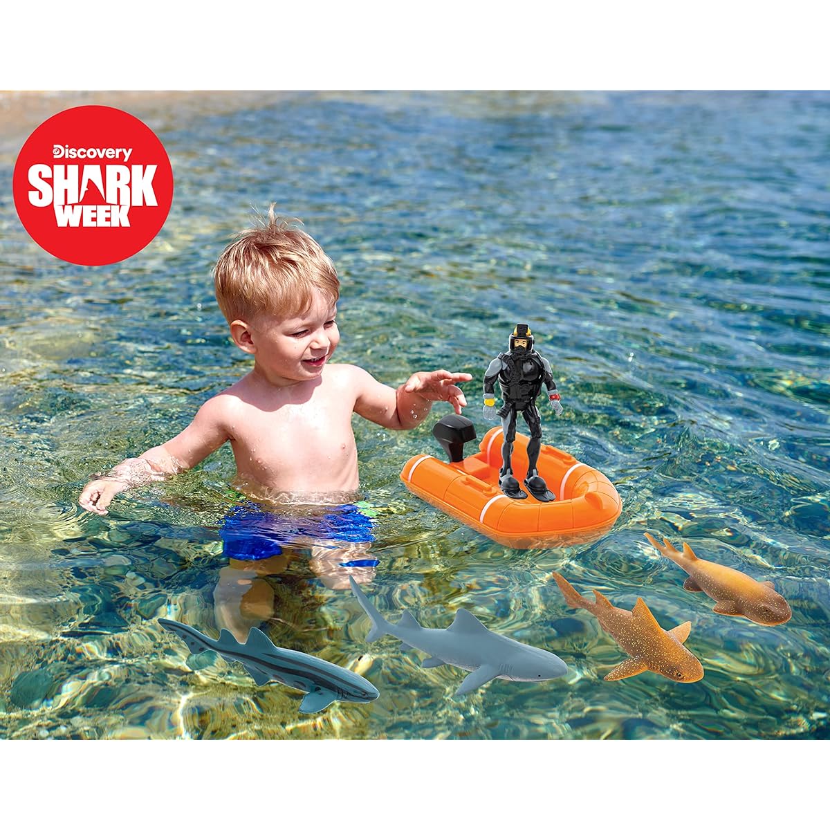 Shark Week Discovery Ocean Breeze Playset Rescue Boat Action Figure Diver Realistic Shark Toy Set Birthday Party Favors for Kids