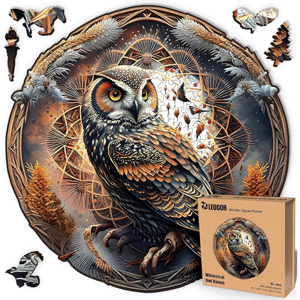LEOGOR Wooden Puzzle for Adults - Owl - (500 Pieces, XL, 18" x 17.75") - Nature-Inspired Round Mandala - Colorful Wooden Jigsaw Puzzle with Whimsical Animal Shapes