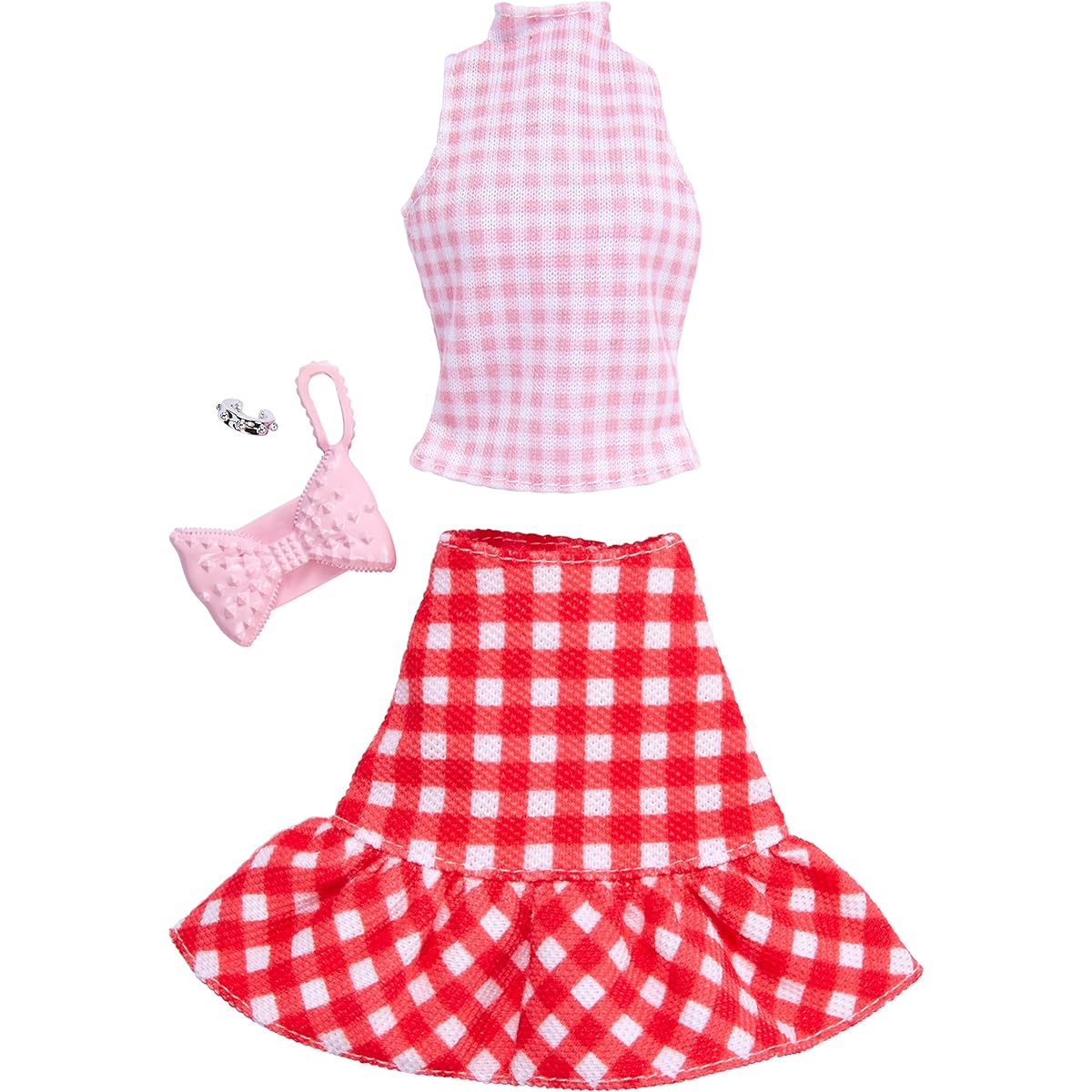Barbie complete set gingham check skirt and pink top