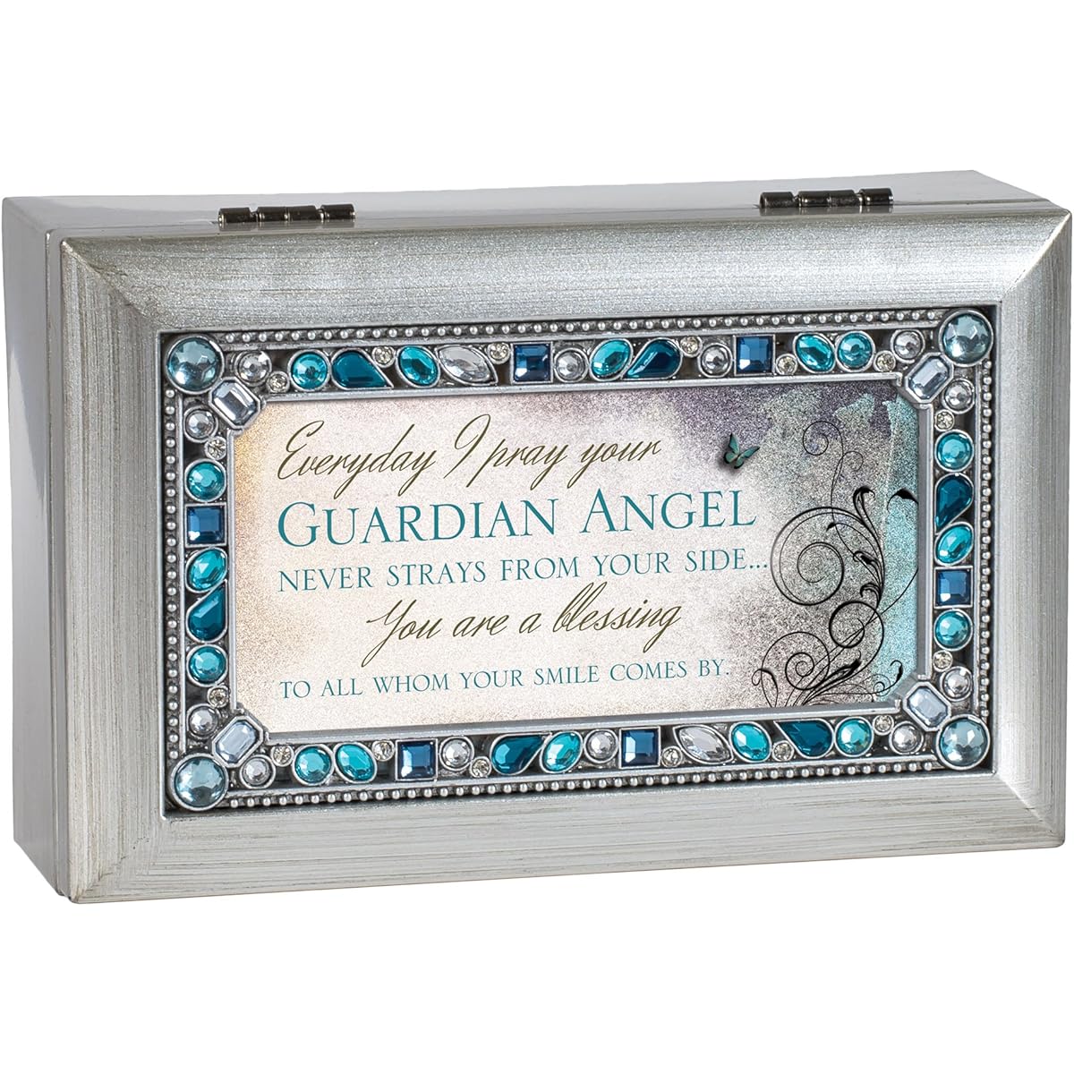 Guardian Angel Jeweled Silver Finish Music Jewelry Box – Plays Tune Amazing Grace