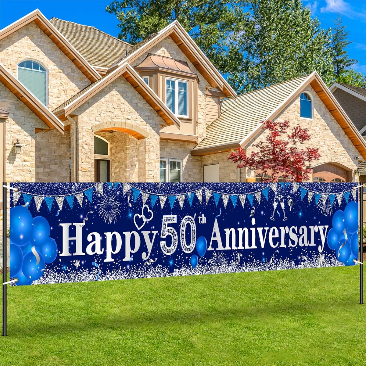 Navy Blue Happy 50th Anniversary Birthday Decorations Banner Large Blue Silver 50th Anniversary Yard Sign Backdrop Unisex Birthday Wedding Anniversary Party Supplies 118x20 Inch