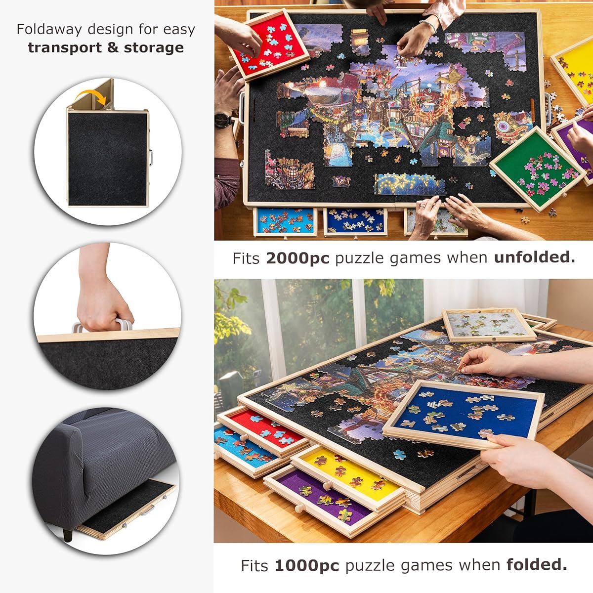 Tektalk 2000 Piece Foldable Puzzle Board with 8 Sorting Trays/Drawers Jigsaw Puzzle Table with Cover and Storage for 2000 1500 1000 500 Jigsaw Puzzle Pieces