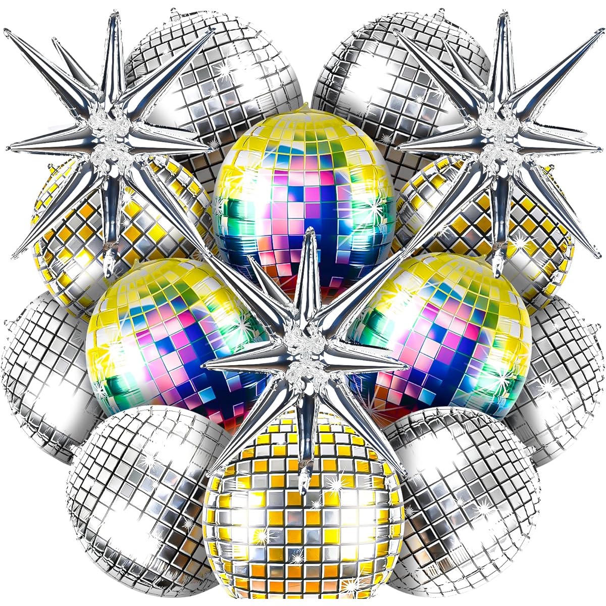 Disco Balloons 22inch 4D Aluminum Film Balloons Disco Party Decorations Giant Silver Exploding Stars Laser Silver Gold Balls for 70s 80s 90s Theme Dance Birthday Party Wedding Supplies 15 Pack