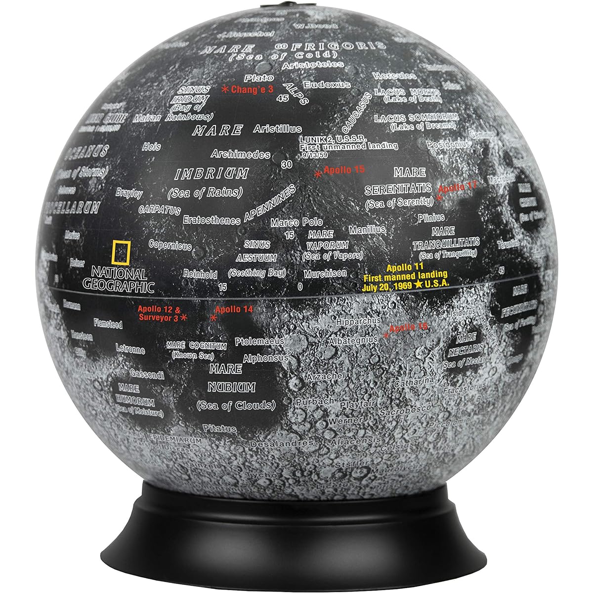 12" Diameter Illuminated National Geographic Moon Globe Detachable Cord Touch Light Control Detailed Illustrated Made in the USA
