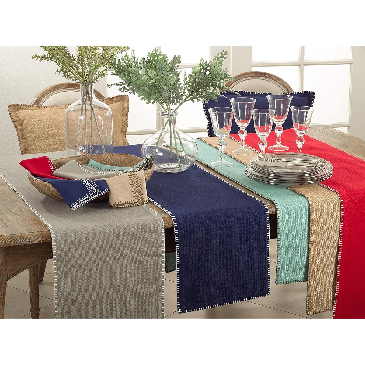 Saro Grey Whip Stitch Design Table Runner 13"x72" Rectangle