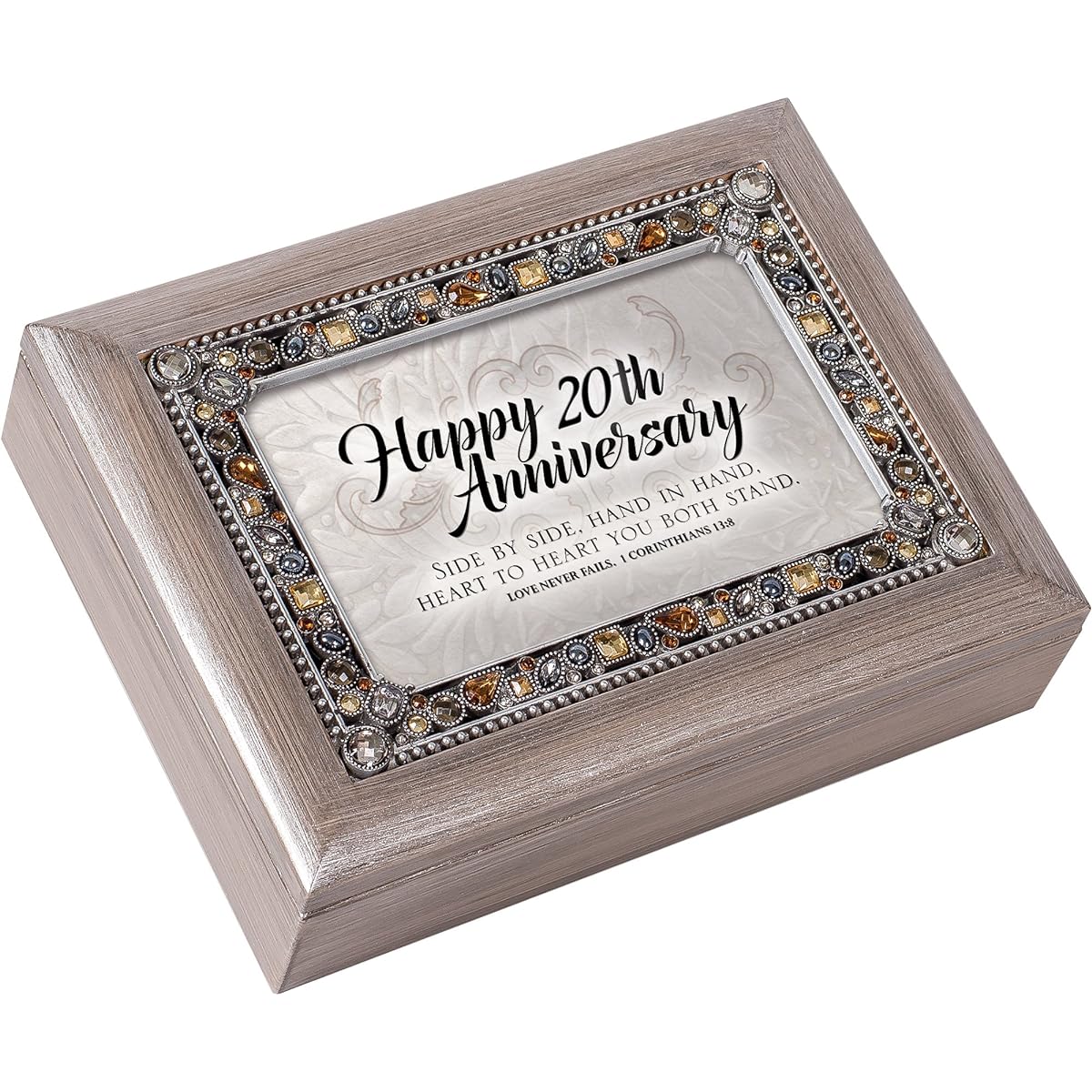 Happy 20th Anniversary Jeweled Pewter Colored Keepsake Music Box Plays Amazing Grace