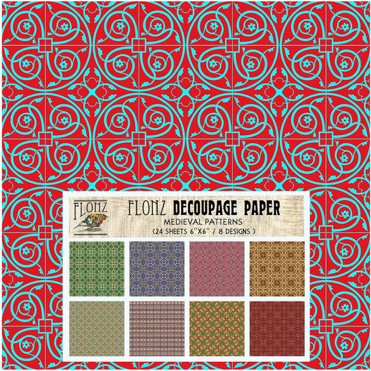 Decoupage Paper Pack (24 Sheets 6" x 6") Medieval Pattern FLONZ Vintage Style Paper for Decoupage Crafts Scrapbooking