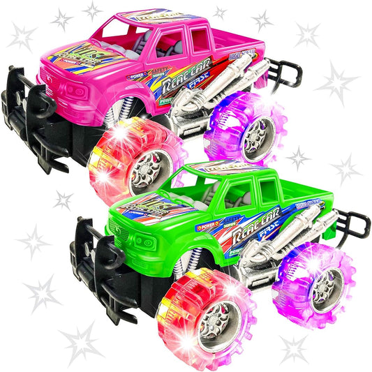 ArtCreativity Pink and Green Light Up Monster Truck Set for Boys and Girls - Set of 2 6" Monster Trucks with Beautiful Flashing LED Tires Push and Go Toy Cars - Great Gift for Kids, Ages 3+