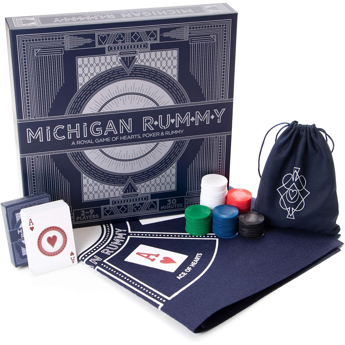 Brybelly Michigan Rummy: Royal Game of Hearts Poker & Rummy – Betting & Bluff Board Game – Classic Family Card Game for Adults & Kids – 200 Poker Chips 24" x 24" Matte & Custom Card Deck