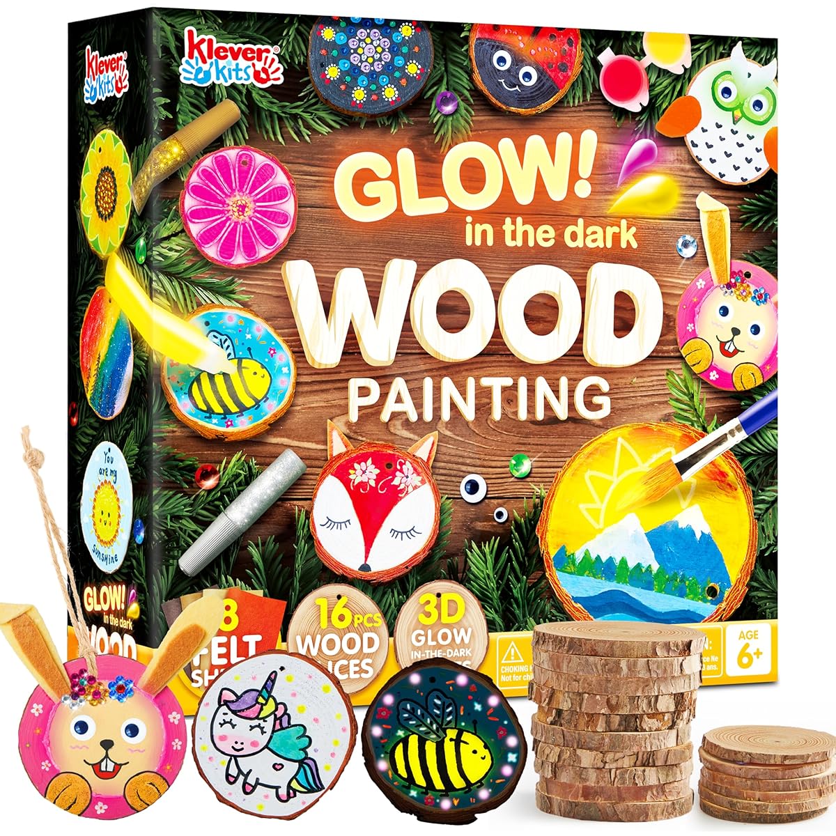 Klever Kits 16 Pieces Wooden Painting Kit - Glow in the Dark - Arts & Crafts Art Supplies for Kids Ages 6-12 with Felt Sheet, Boys, Girls, Birthday Party Gift