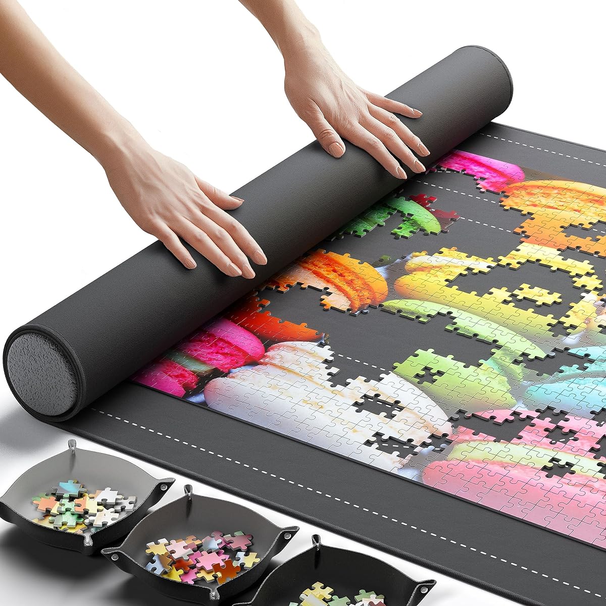 Newverest Jigsaw Puzzle Mat Roll Up Saver Pad 46" x 26" Portable Up to 1500 Pieces Non-Slip Rubber Bottom Smooth Polyester Top + Storage Bag Foam Rolling Tube 3 Hook & Loop Fastener Straps