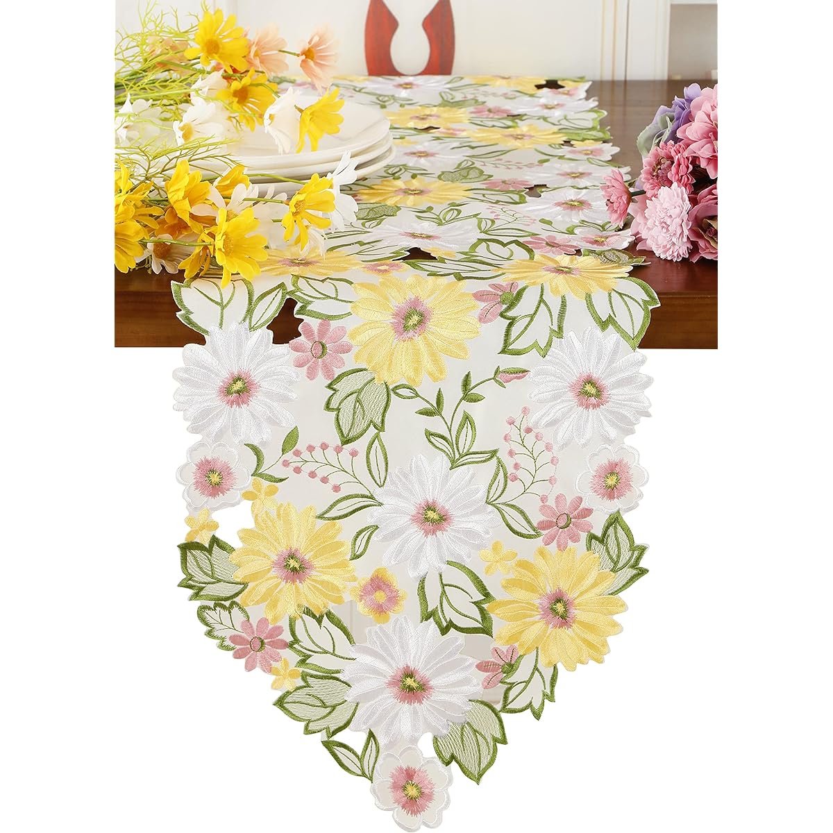 Floral Embroidered Table Runner Applique Floral Daisy Cutwork Embroidered Table Linen Home Kitchen Dining Tabletop Decor (Yellow Runner 13" x 54")