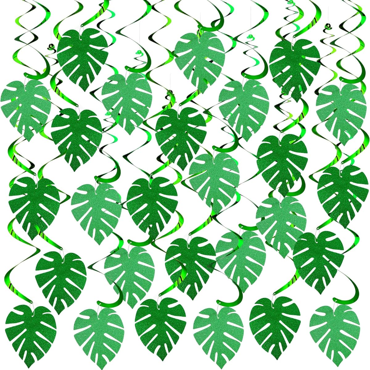 Ireer 64 Pieces Palm Leaves Party Swirl Decorations Dropped Ceiling Green Decoration Swirl Glitter Palm Leaves Party Decorations Tropical Leaf Party Decoration Luau Party Decoration Summer Hawaiian