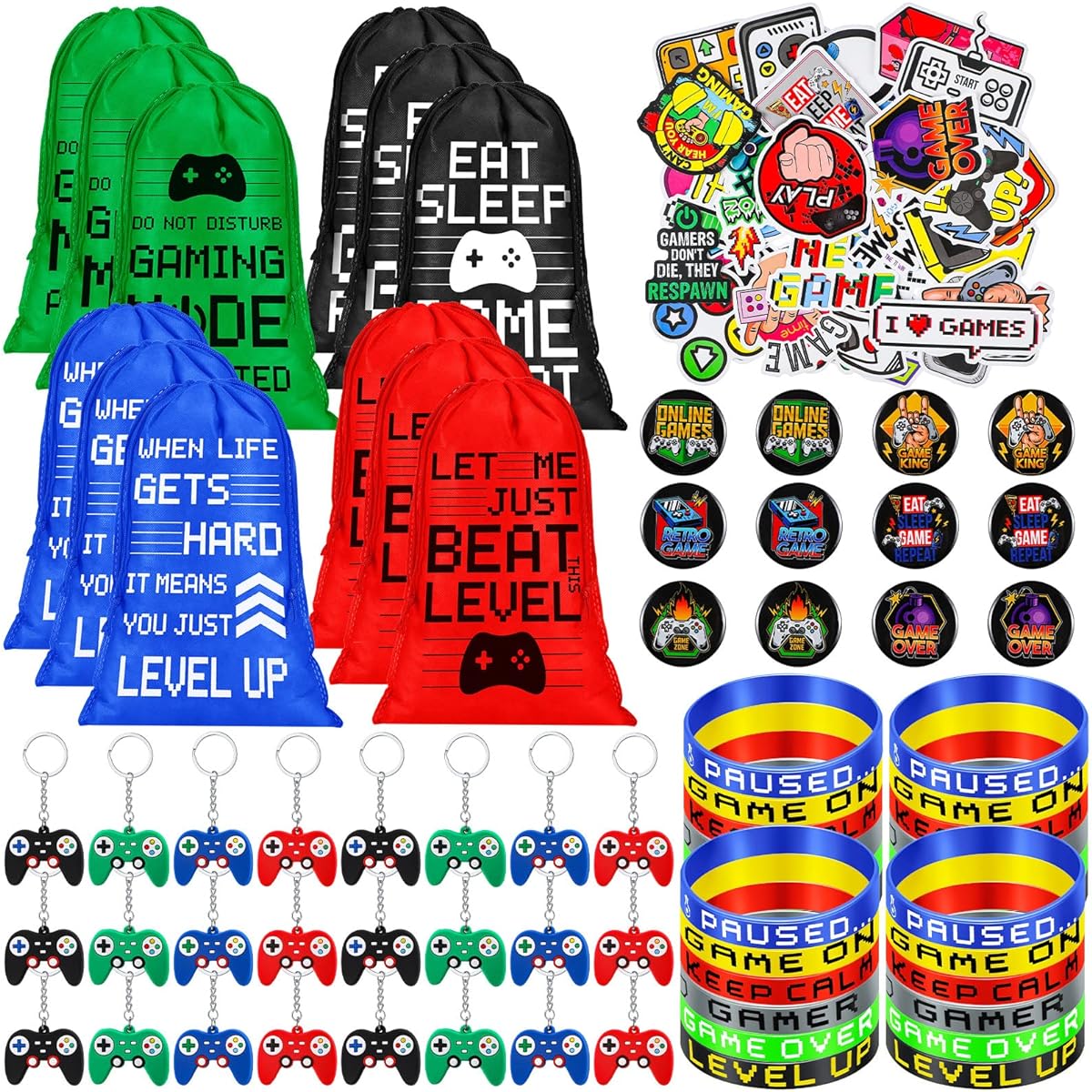 Video Game Party Favors Party Supplies Party Favor Bags with Drawstring Bracelets Video Game Controller Keychains Button Pins Game Stickers for Kids Gamer Birthday Decorations (244, Vivid Styles)