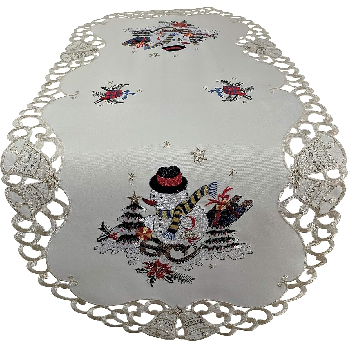 Doily Boutique Christmas Table Runner with Snowman on Ivory Fabric, Size 34" x 15"