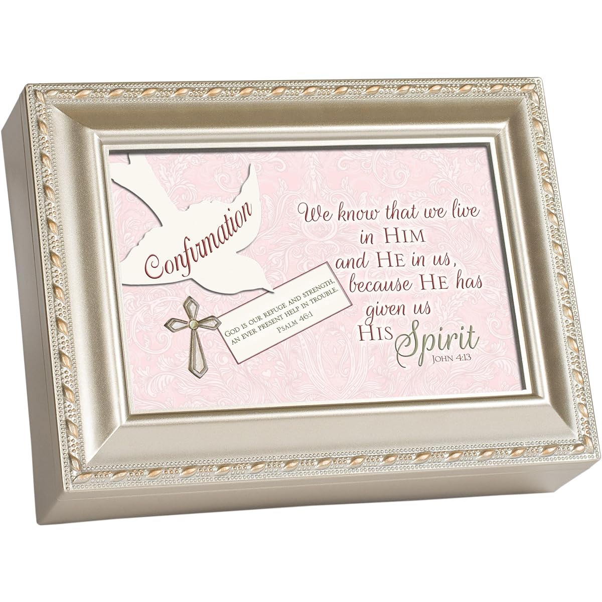 Confirmation Live in Him Cross Champagne Silver Finish Music Jewelry Box Plays Amazing Grace