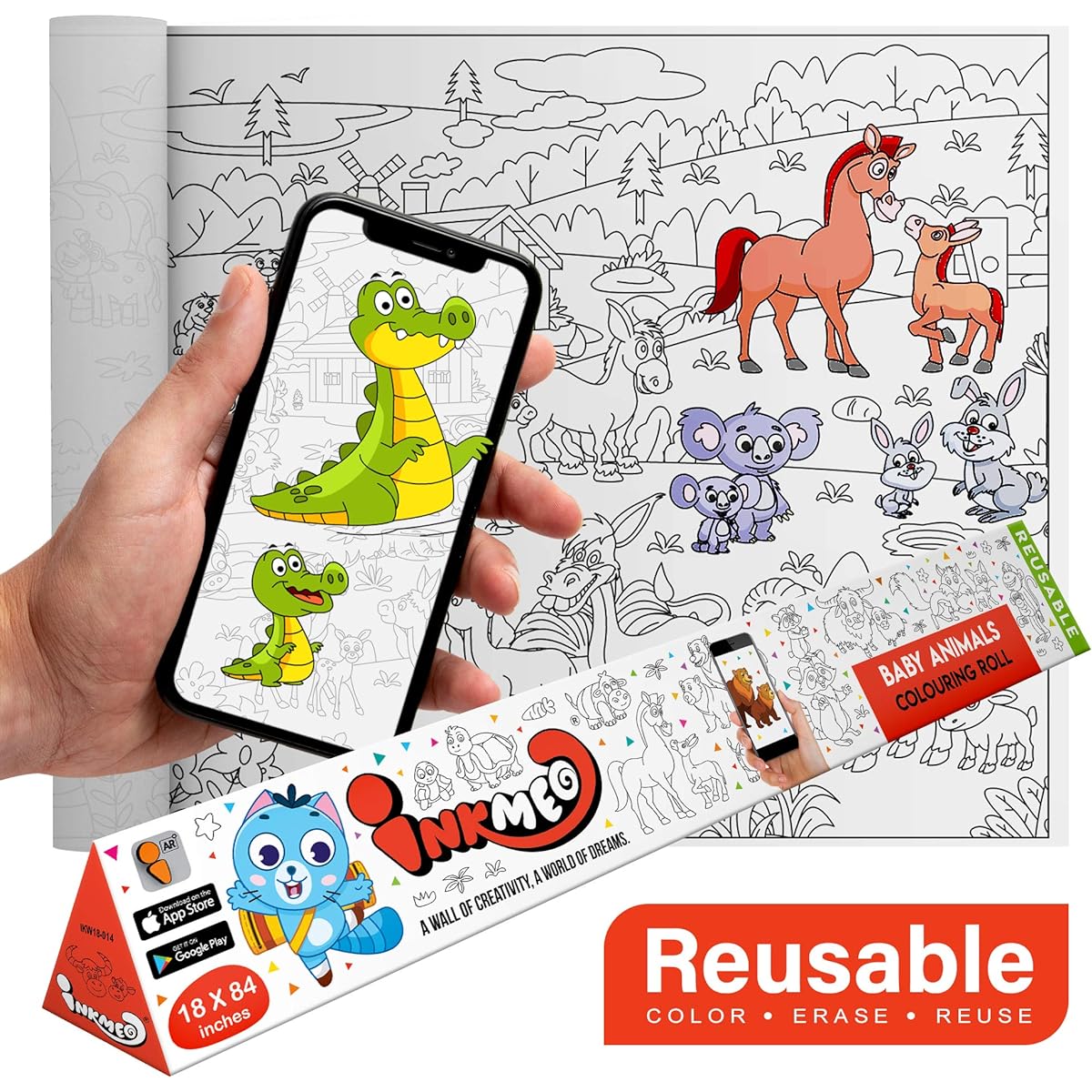 Inkmeo Baby Animals Reusable Wall Color Roll Size 12" x 84" Augmented Reality Learning Activity Roll