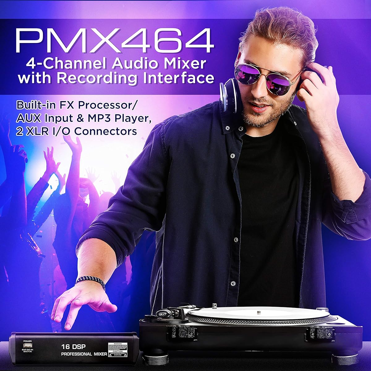Pyle Professional DJ Audio Mixer Controller - 4 Channel DJ Controller Sound Mixer DSP with 16 Preset Effects USB Interface 2 XLR Mic/Line Inputs AUX FX Processor MP3 Player Headphone Jack PMX464
