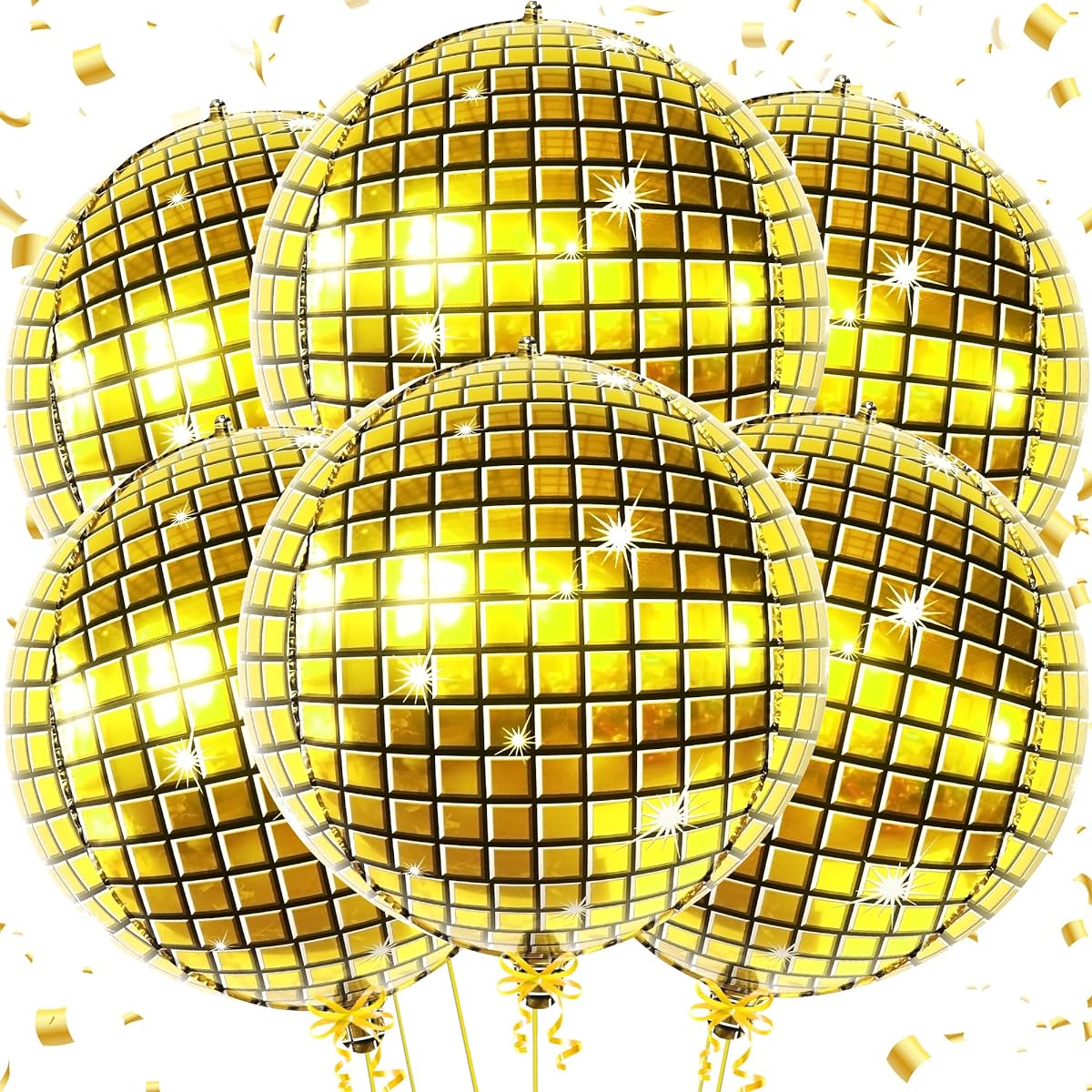 Large 22" Gold Disco Balloons - Pack of 6 | 360 Degree 4D Round Disco Balloons for 70s Party Decorations | Disco Balloons for Disco Party Decorations | New Year's Eve Party Supplies 2023