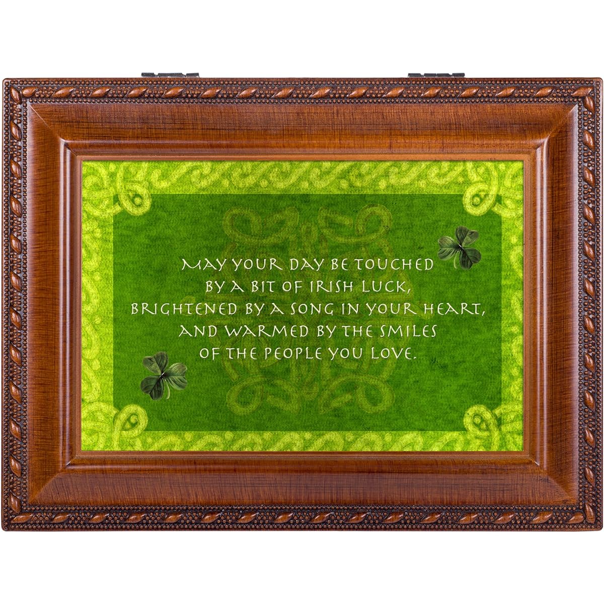 Cottage Garden Days Be Touched Bit of Irish Luck Wood Grain Rope Trim Jewelry Music Box Irish Lullaby