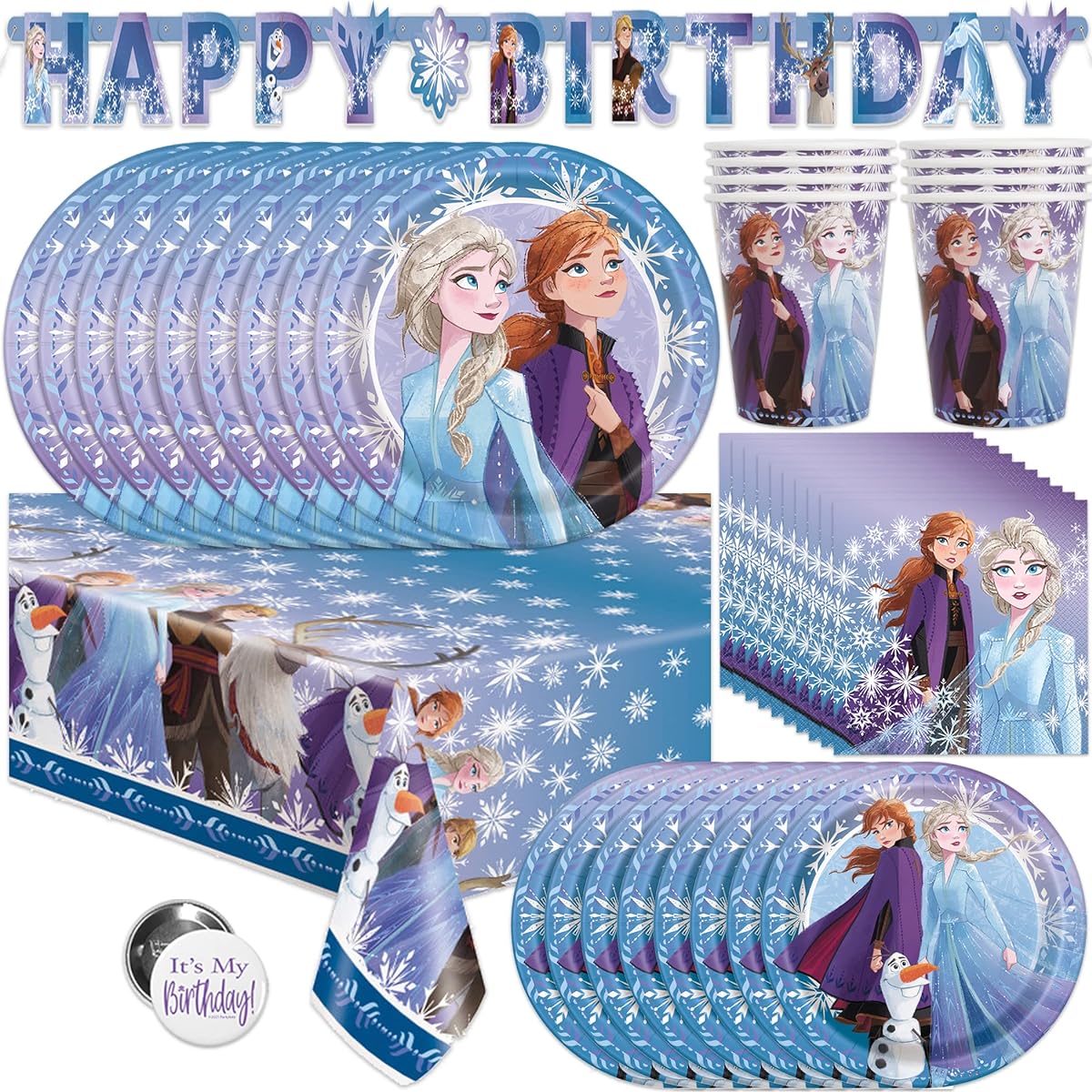 Frozen 2 Themed Birthday Party Supplies Pack - Serves 16 Guests - Banner Decorations, Table Cover, Dinner & Cake Plates, Cups, Napkins, Buttons