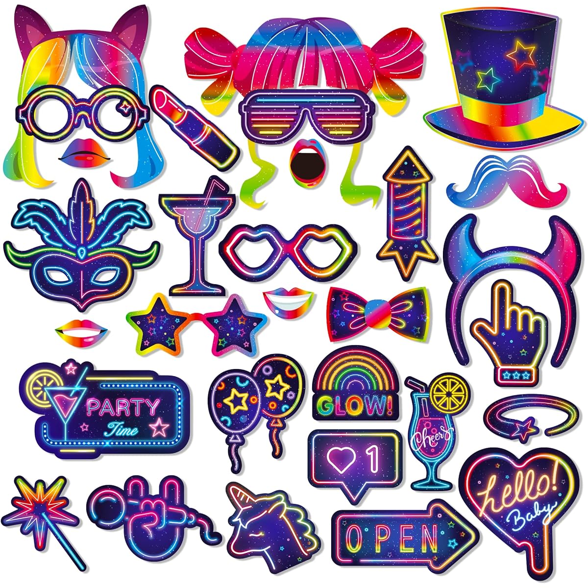 Fluorescent Neon Photo Booth Props with Sticks Neon Glow Party Decorations Glow in the Dark Party Favors Fluorescent Party Supplies Birthday/Rock/Disco/Blacklight 80's/90's/Party Decorations 30 Pieces